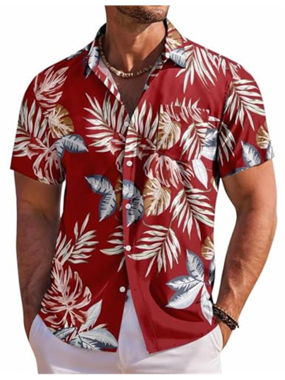 Men Hawaiian Shirt Short Sleeve Floral Button Down Beach Tropical Red Leaf